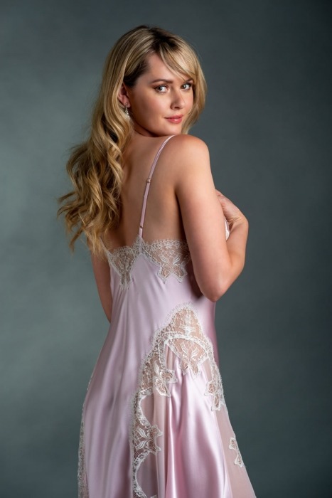 Long satin nightie with lace panels in pink and white