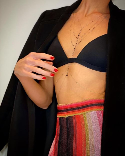 Black and a touch of color&hellip; Clete body chain with black gemstones and 14K Rose Gold. . . 