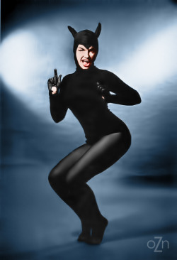 oldiznewagain:  Bettie Page in a cat suit,