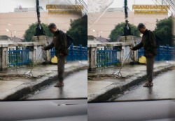 This old man is having difficulty getting up the sidewalk. This picture is in 3D. Cross your eyes until the two pictures merge.