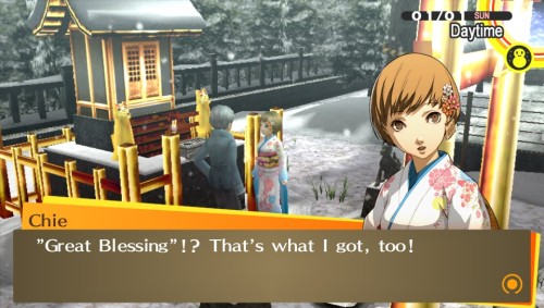 Yu and Chie simultaneously drawing “Great Blessing” fortunes at the Inaba Shrine during New Year’s Day after one of them (or maybe both) does so while thinking ‘impure thoughts’. Kudos to Erin Fitzgerald imbuing a lot of