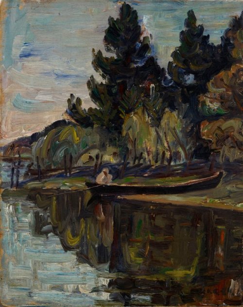 Forest, shore, rowboat   -   Väinö Kamppuri , 1924.Finnish,  1891-1972oil painting on plywood board 