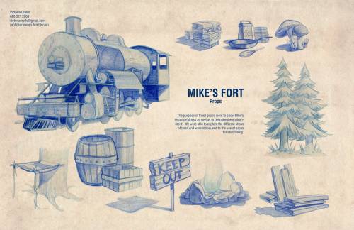 comps, props, and layout for a story about an orphan who turns an abandoned train into a fort.from S