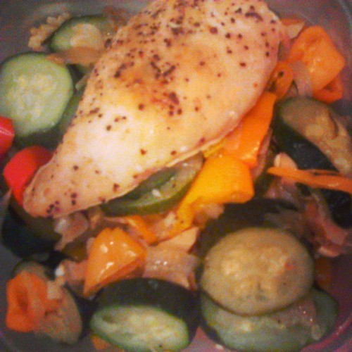 Dinner! Baked chicken on a bed of steamed mixed veggies! #eattogrow #eatclean #delicious #progress #