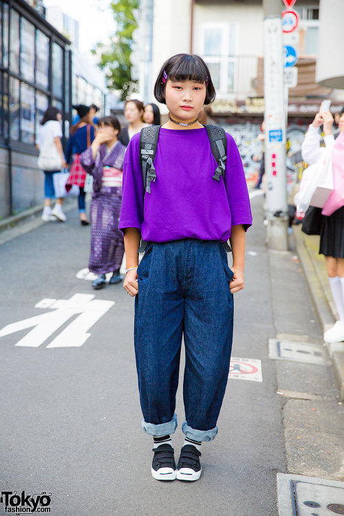 17-year-old Chima on the street in Harajuku wearing a purple top from ADG Harajuku with Candy Stripp