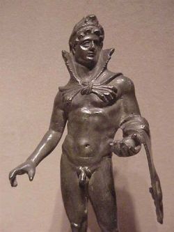 boysnmenart:  Herakles carrying the golden apples Etruscan 3rd - 1st century BCE Bronze  Walter Museum                         