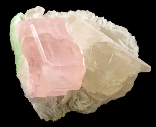 fuckyeahmineralogy:  Morganite and Quartz on a Cleavelandite matrix-    Dara-i-Pech Pegmatite Field (Pech), Kunar Province, Afghanistan