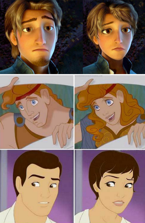 Pictured: Flynn Rider, Hercules, Prince CharmingDisney Gender-Bending Transformations “Gender-