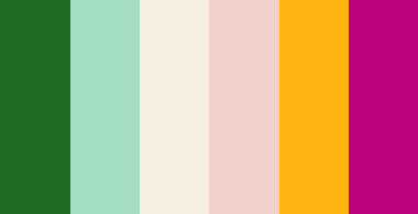 color-palettes:Ms. Molly Jolly - Submitted by SeesawSiya#206c22 #a4dfc3 #f5efdf #f3d0cc #ffb411 #bc0