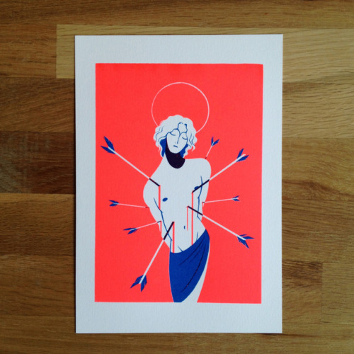 I made a new screenprint illustration!! St Sebastian / A5 / 2 colours (blue+FLUO RED) available in v