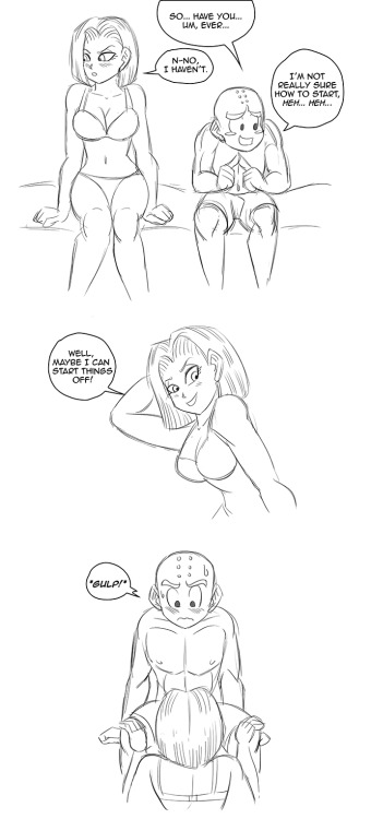 funsexydragonball:   Anonymous said to funsexydragonball: Ok, this is gonna be cute. Watch out. What if both Krillin and Android 18 were virgins when they first met? I mean, that’s kinda what that blush means to me. Merging that with your theory of