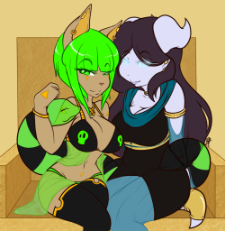 cheshirecatsmile37art:  Bow down to the queens! A commission for Mariah of her OC Toxi and my Madii!