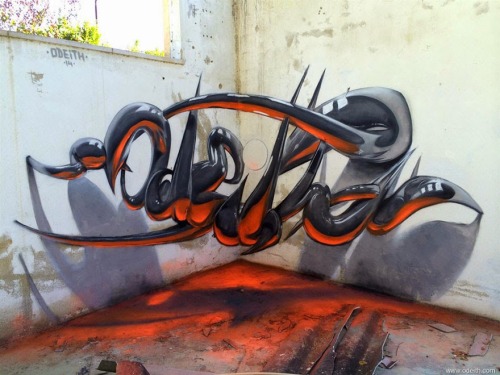 supersonicart:  Odeith’s Forced Perspective Graffiti. Graffiti artist Odeith creates absolutely stunning visual treats with his anamorphic/forced perspective works that fool the eye into seeing three dimensional, floating letters. See more of Odeith’s