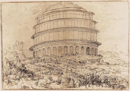 Jan van Scorel, Tower of Babel, c. 1530, pen in brown ink, traces of black chalk on paper, 300 x 445