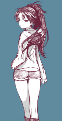 ankochang:  (Gelbooru- Image View - 1girl boots cutoffs denim denim shorts hoodie kaida bola knee boots kneepits long hair looking back mahou shoujo madoka magica monochrome ponytail sakura kyouko shorts sketch solo | 1744628から) 