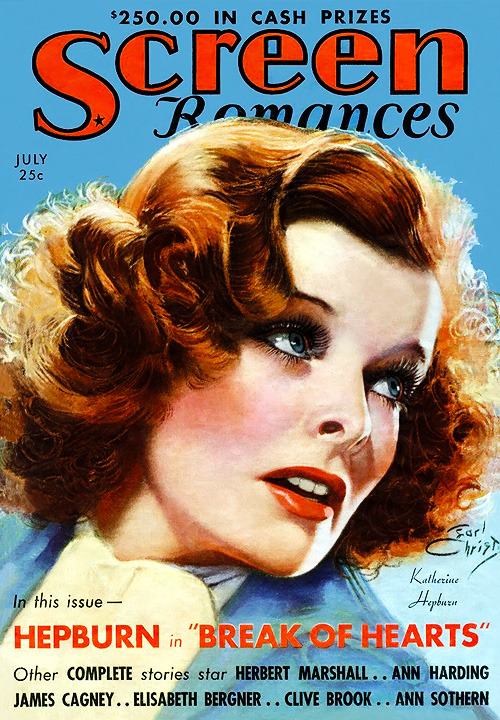 Katharine Hepburn illustrated by Earl Christy on the cover of Screen Romances, July 1935.
