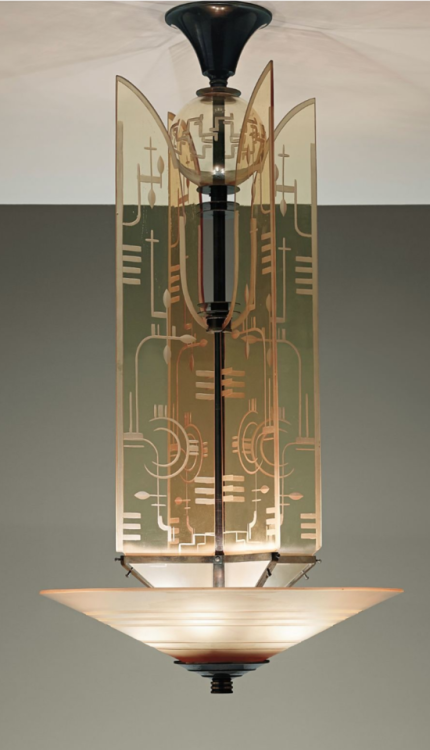 Edward HaldCeiling lightcirca 1937Engraved coloured glass, patinated brassManufactured by Orrefors G