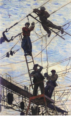 thunderstruck9: Viktor Popkov (Russian, 1932-1974), Electricians, 1958. Gouache over charcoal on paper laid on canvas, 93.5 x 60 cm.