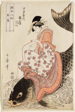 fujiwara57: “The Immortal Qin Gao”, represented by Hinazuru of the Chôjiya, kamuro Tsuruji and Tsuruno (Kinkô, Chôjiya uchi Hinazuru, Tsuruji, Tsuruno), from the series Eight Immortals in the Art of Love (Enchû hassen), 1793-94, de           