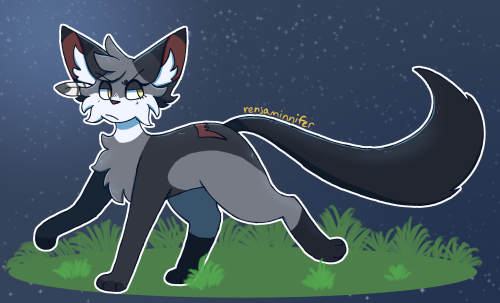 artfight attack for pamiiechan on instagram!ID Start: A gray cat walking through a patch of grass. S