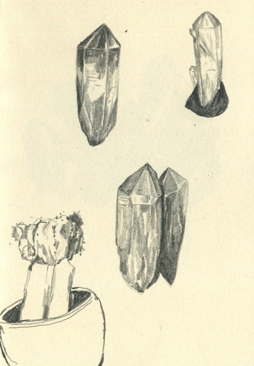 st-pam: Sketches of some of the crystals I own (various points, smokey quartz, aragonite, clear quar