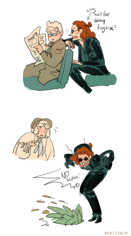 Crowley and Aziraphale while watching over Warlock. They met on tops of buses.... Crowley seemed to have kept long hair during...