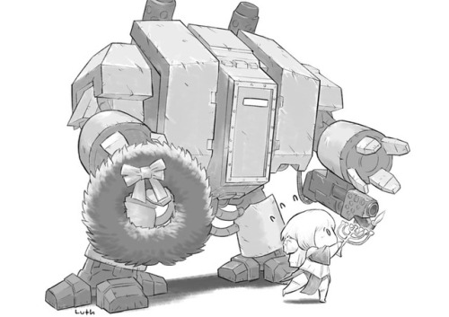 boltertokokoro: Commission:Dreadnought holding a wreath and helping small SoB with menorah.My commis
