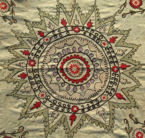 Antique Suzani, tribal fabric, silk hand embroidered large panel, ethnic textiles, 1900s, Central As