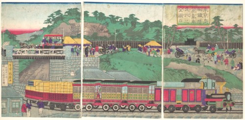 met-asian: 東京高輪鉄道蒸気車走行之図|Illustration of a Steam Locomotive Running on the Takanawa Railroad in Toky