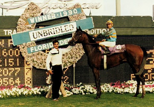 “Unbridled and Pat Day after winning the 1990 Florida Derby. Leslie Martin Photo.” (x)