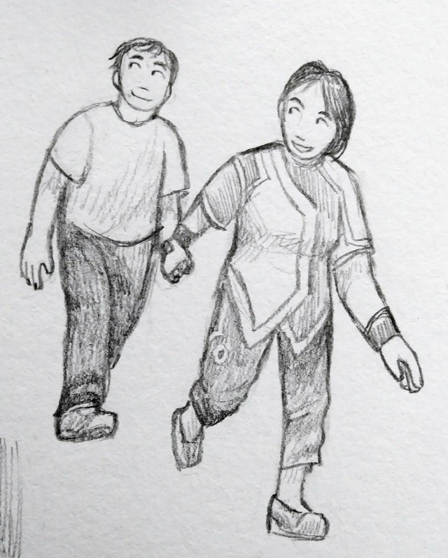 A drawing of human Simon & Catherine walking together. Catherine is in the lead, holding Simon's hand and looking back at him, with her mouth open like she's saying something. Simon is looking to the side with a smile.