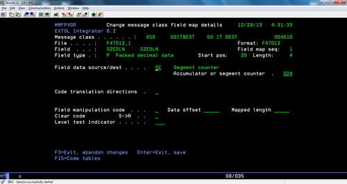 EXTOL EDI Integrator (EEI) segment counter applied to field screenshot