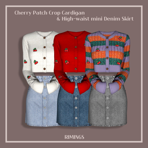  [RIMINGS] Cherry Patch Crop Cardigan & High-waist mini Denim Skirt - TOP / BOTTOM- NEW MESH- AL