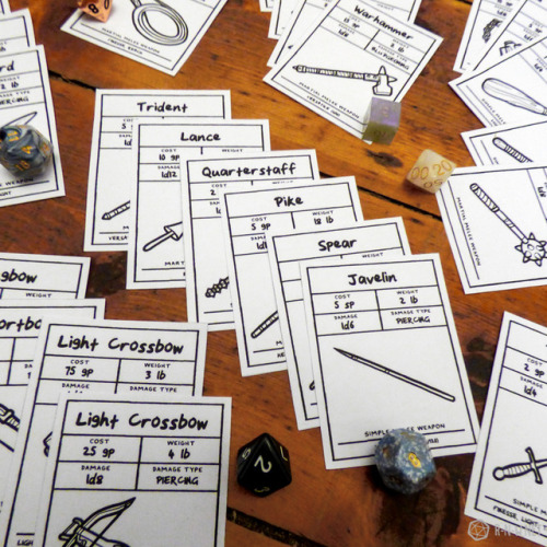 r-n-w: Handy Quick-Reference Weapon Cards! Since posting about our Equipment Packs at the end of last year, we’ve been busy making a set of illustrated basic weapons item cards to go with them! There’s 38 weapons in total, and 4 ammo cards, with all
