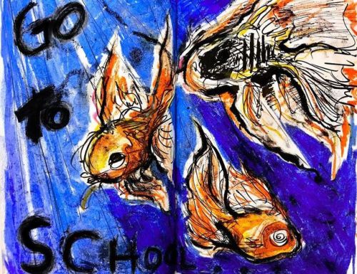 maddi-mays:“Go To School” another sketchbook entry by yours truly. Oil pastel &amp; ink on paper.