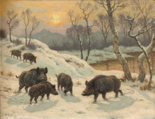 art-and-things-of-beauty:Georges Frédéric Rötig (1873-1961) - Wild boar, oil on canvas, 27 x 35 cm. 