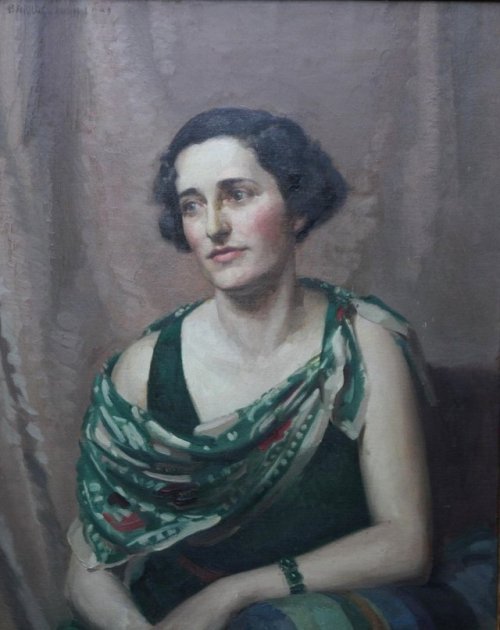 James P. BarracloughPamela Abercromby - British Art Deco oil painting portrait lady green dress art1