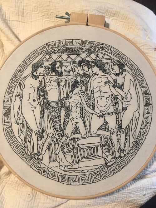 clodiuspulcher:Another embroidery recreation of an Etruscan mirror, in fact my favorite mirror ever!