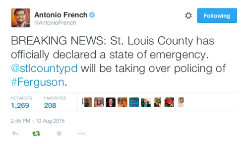 justice4mikebrown:  August 10, 2015St. Louis County has declared a state of emergency. Operation Help or Hush is setting up a safe space at St Marks. Donations are needed. 