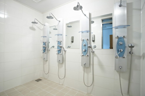 Men’s shower in the Hosteling International youth hostel in Seoul, South Korea.Korea is a great plac