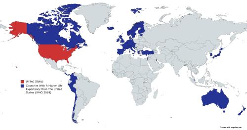 mapsontheweb:  Countries with a higher life expectancy than the US.