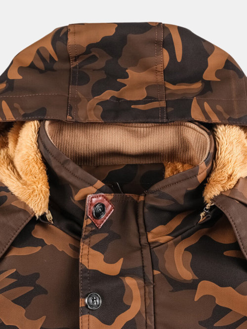 jollytyrantwhispers:Mens Camo PU Leather Fur Lined Fleece Warm Multi Pockets Thicken JacketsDetails 