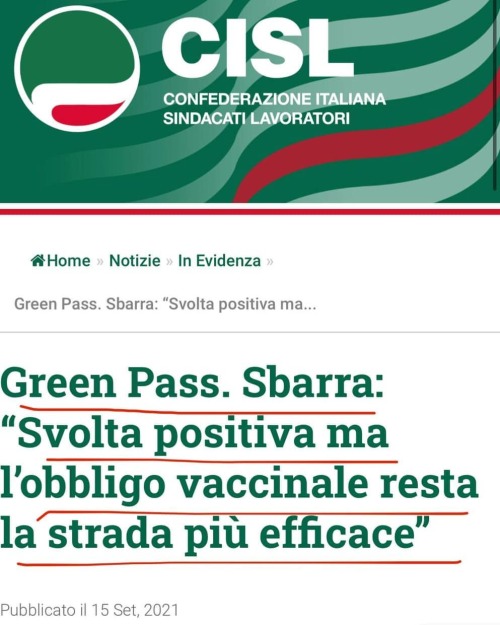 #Telegram #NessunaCorrelazione Informiamo i sindacati che avrebbero dovuto opporsi agli obblighi vaccinali invece ora di lanciare gli allarmi. Due mesi fa la CISL festeggiava il greenpass obbligatorio per lavorare e auspicava l’obbligo vaccinale,...