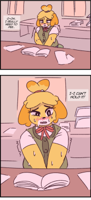 sexualhamburger:  Someone suggested I draw Isabelle desperate to pee at her desk and it gave me a cute idea for a comic so I did it… Was also good practice trying to draw without sketching first! 