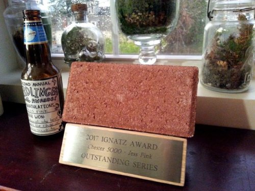 Got the plaque for my Ignatz award! *wipes a tear* my house finally has a tiny trophy shelf.