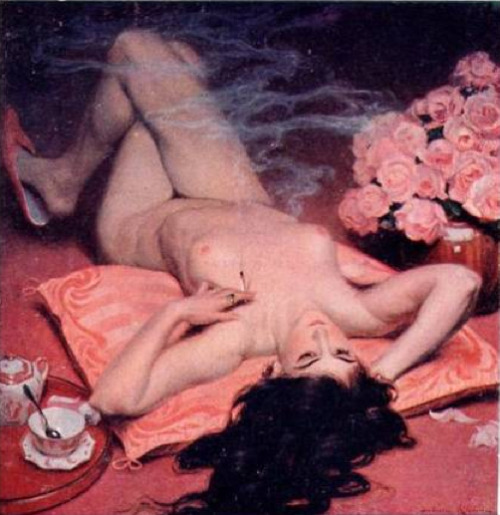 flesh-cathedral:Ludovic Alleaume, Dans le Rose(detail from old French postcard)