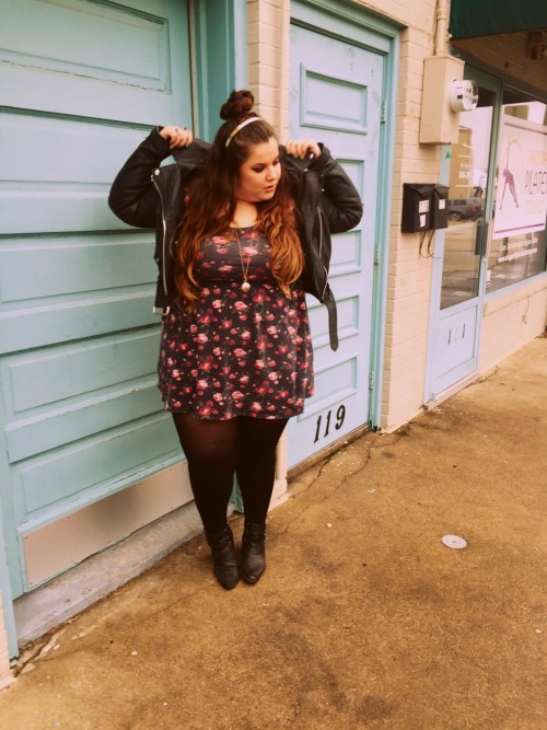 nataliemeansnice:leather//floral//wishing for spring.   jacket: angryyoung&poor  dress: target.  tights: welovecolors.  boots: forever21.  purse: forever21.