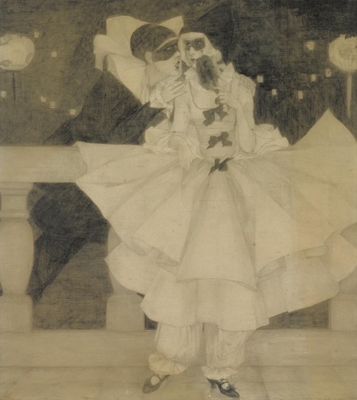 Pierrot en Pierrette / Pierrot and Pierrette. Pencil on paper.37.5 x 34 cm.Art by Rie Cramer.(1887-1