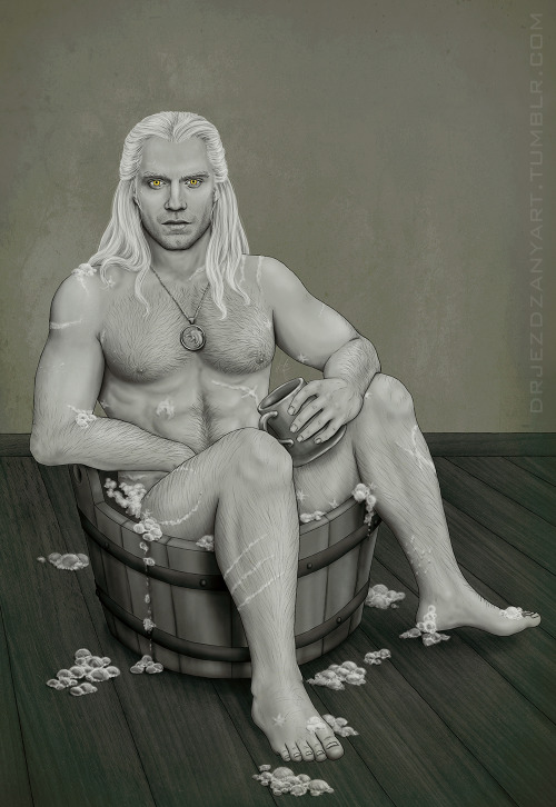 This is my finished piece of Geralt of Rivia in a tiny bathtub that I did for the Netflix version of
