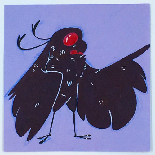 wolf953:maddie-w-draws:more sticky note mothmans [ID: Six drawings of Mothman on blue and purple pos